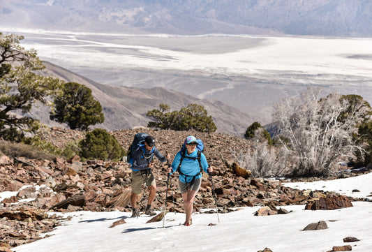 Backpackers hike up Hanaupah Canyon on their way to Telescope Peak (11,048 ft) in the Panamint Range of Death Valley National Park