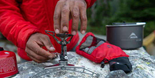 setting up backpacking stove MSR PocketRocket Deluxe and LowDown Remote Stove Adaptor