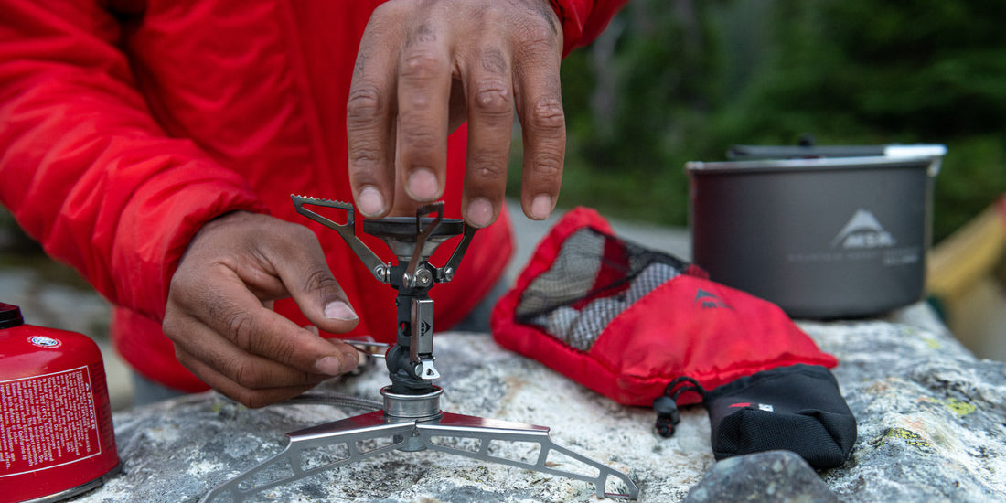 setting up backpacking stove MSR PocketRocket Deluxe and LowDown Remote Stove Adaptor