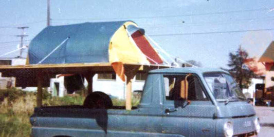 1973 MSR tent set up on back of van