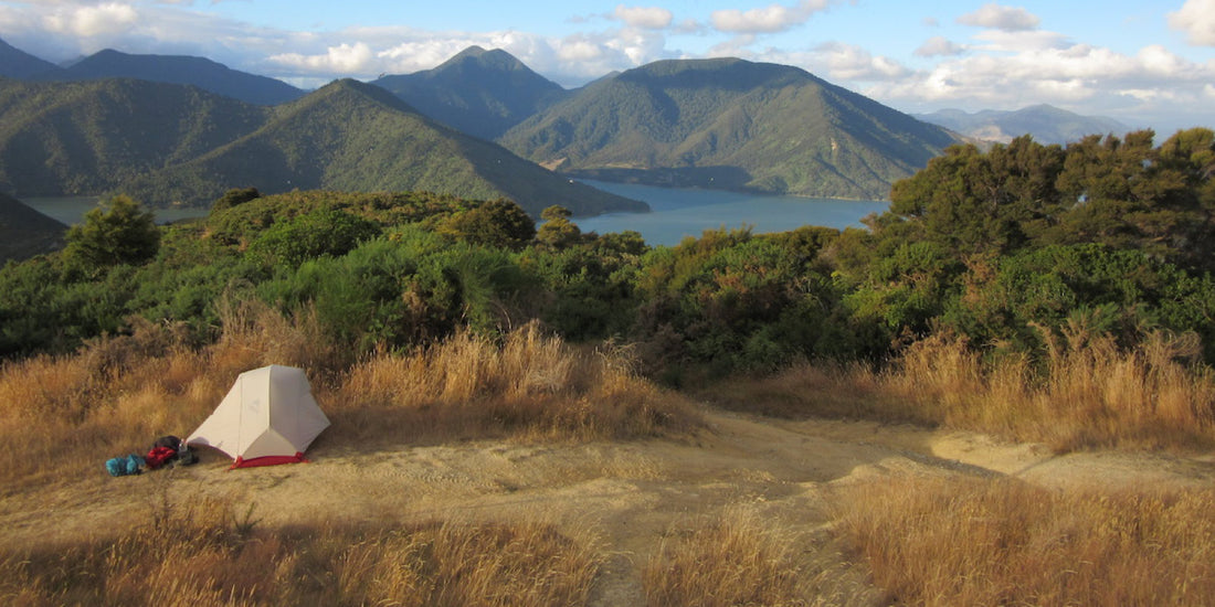 Backpacking tent overlooking mountainous scenic view