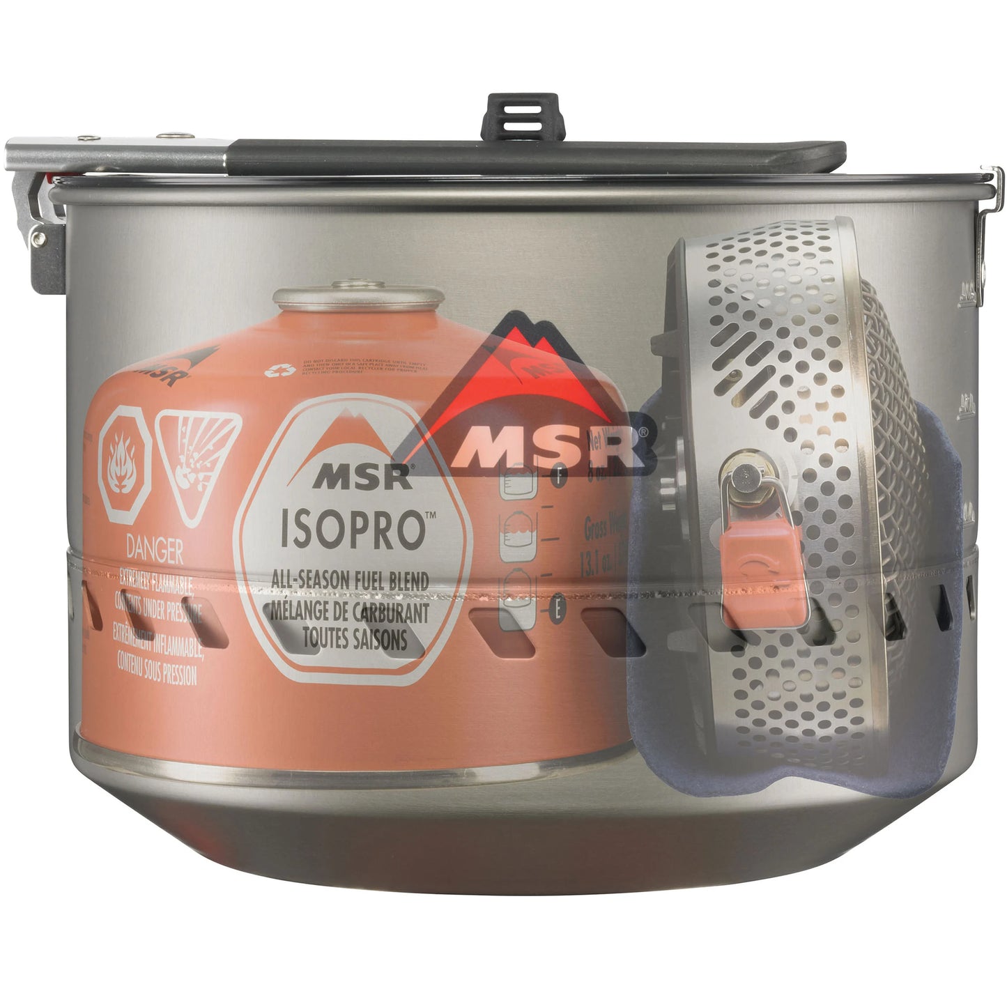 2.5 LTR pot nested with Reactor Stove & 8-oz. IsoPro fuel canister