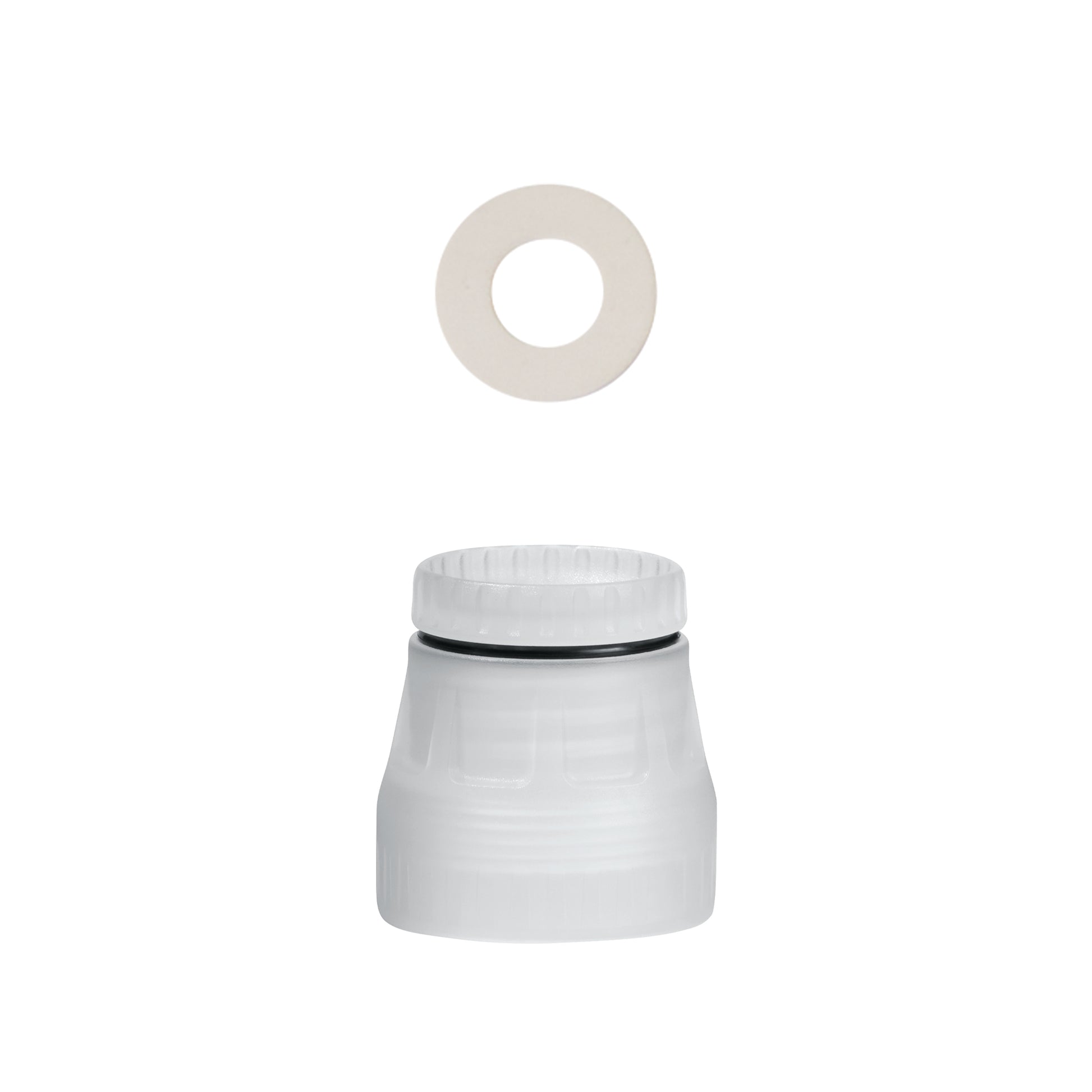White rubber gasket with a smaller white washer on a white background