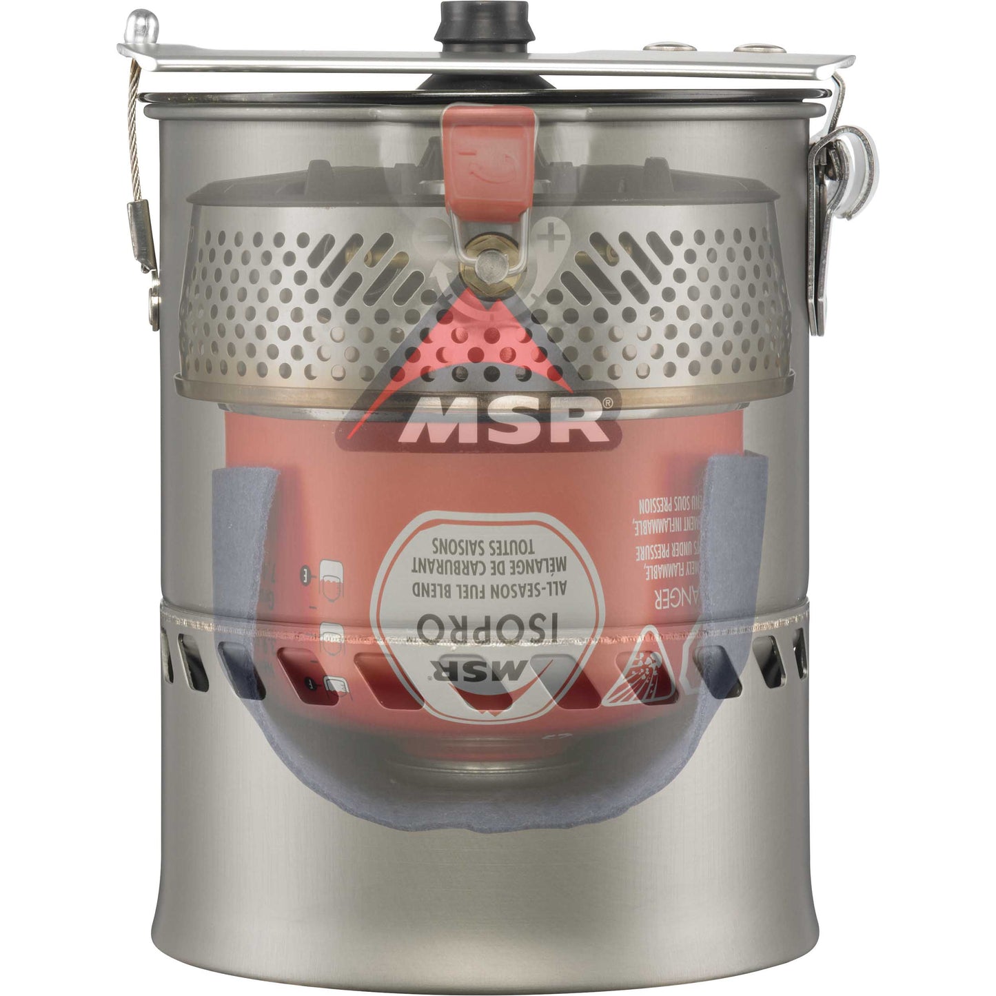 1.0 LTR pot nested with Reactor Stove & 4-oz. IsoPro fuel canister